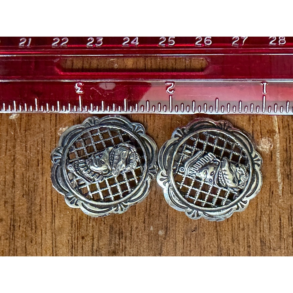 Vintage Western Germany Silver Tone Lattice Figure Clip On Earrings 1 Inch